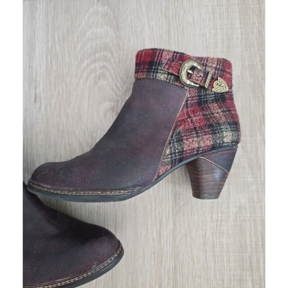 L'artiste Spring Step Scottala Burgundy Red Leather Zip Plaid Ankle Boots 39 8.5